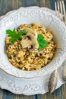 Risotto with mushrooms and onions. View from above.