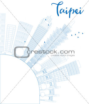 Outline Taipei skyline with blue landmarks and copy space.