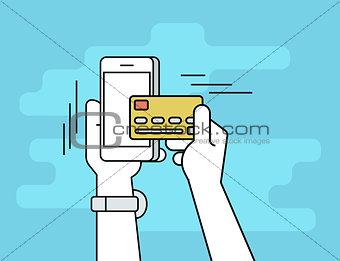 Mobile banking flat line contour illustration of human hand paying by credit