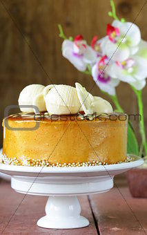 cake caramel biscuit decorated with white chocolate
