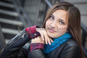 Portrait of Pretty Young Girl Wearing Leather Jacket