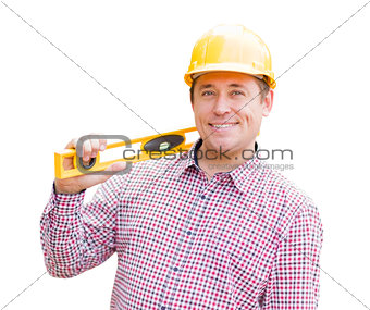 Young Male Contractor with Hard Hat and Level on White