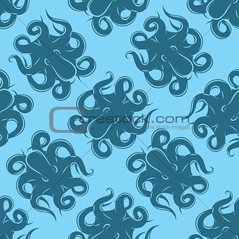 seamless background with octopus on blue background for packaging or menus