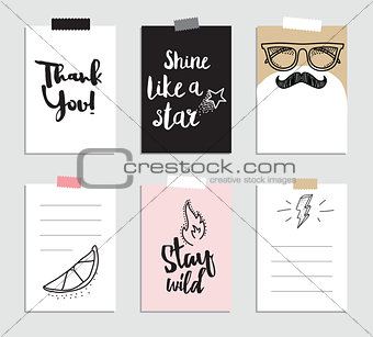 Set of creative 6 journaling cards. Vector illustration. Template for greeting scrapbooking, planner, congratulations, stickers and invitations. Inspiring quotes. Posters set.