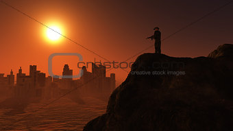3D soldier on lookout at sunset
