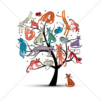 Cats tree, childish style. Sketch for your design