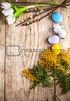Easter still life with copyspace and spring flowers