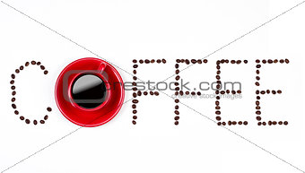 Coffee text with coffeebeans and red cup