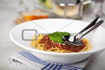 plate with spaghetti bolognese and basil leaf 