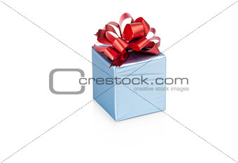 Blue gift box with red ribbon