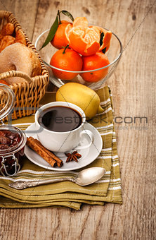 Good morning breakfast with coffee and fruits