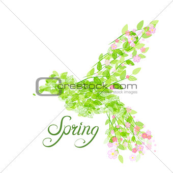 Flying beautiful bird with flowers and green leaves