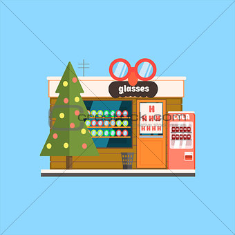 Glasses Shop Front in Christmas. Vector Illustration