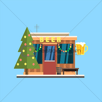 Beer Shop Front in Christmas. Vector Illustration