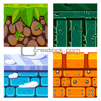 Textures for Platformers Icons Vector Set with Soil, Grass and Bricks