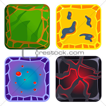 Different Materials and Textures for Game. Green, Yellow, Blue, Black Gems Vector Set