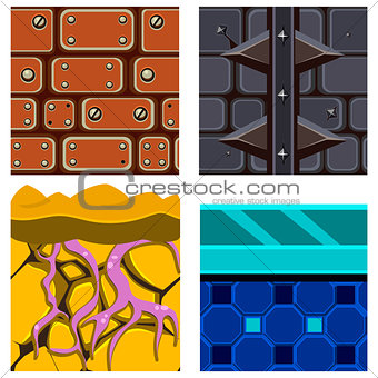 Textures for Platformers Icons Vector Set with Roots, Ice and Bricks