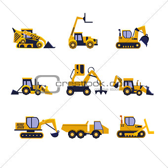 Construction Equipment Road Roller, Excavator, Bulldozer and Tractor. Car Flat Icon Set