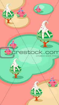 Vertical Landscape Illustration, Candy Islands with Trees
