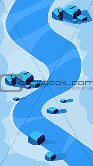 Vertical Landscape Illustration, River and Blue Stones