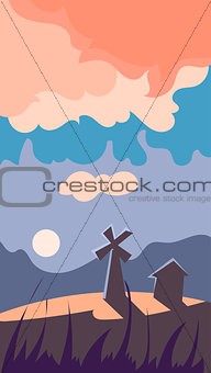 Vertical Landscape Illustration, Windmill at Dawn