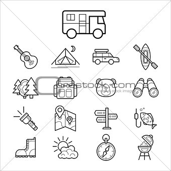 Big set linear icon camping and tourism vector
