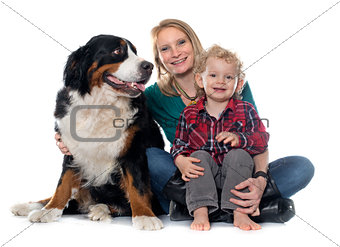 little boy, dog and mother