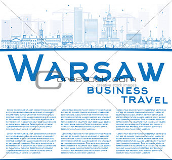 Outline Warsaw skyline with blue buildings and copy space.