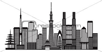 Tokyo City Skyline Black and White Illustration