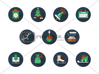 Round flat color winter holidays vector icons set