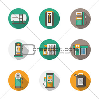 Round flat style gas station vector icons