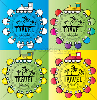 summer holiday design stamps with cartoon train illustration