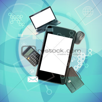 Smartphone with laptop and calculator