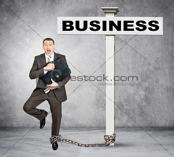Businessman word business on post sign
