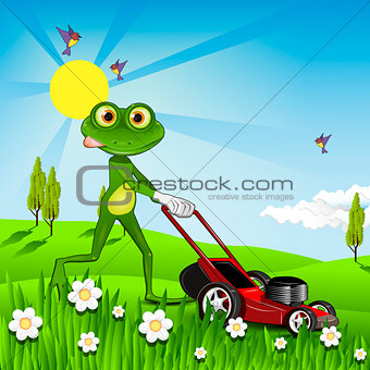 Frog mows the lawn