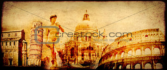 Grunge background with paper texture and landmarks of Italy 