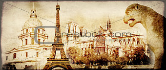 Grunge background with paper texture and landmarks of Paris