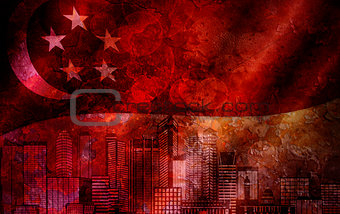 Singapore Skyline and Flag Grunge Background