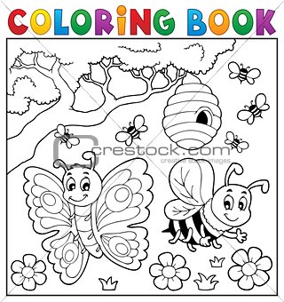 Coloring book with butterfly and bee