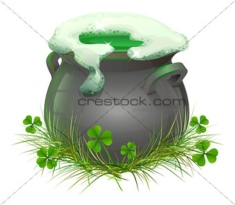 Pot of Irish beer. Irish ale brewed in the cauldron. Patricks Day