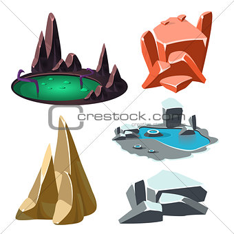Island with a Lake and Rocks Set. Vector Illustration