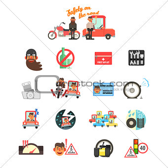 Motorcycle and Car Safety Drive Rules. Vector Illustration Set