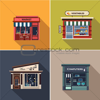 Stores and Shop Facades. Flat Vector Illustration Set