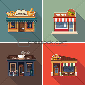 Stores and Shop Facades. Vector Illustration Set