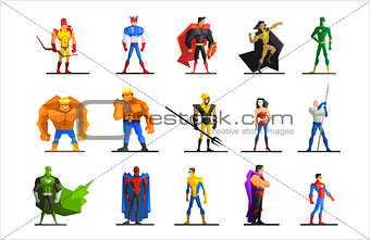 Superheroes in Different Poses and Costumes Vector Set