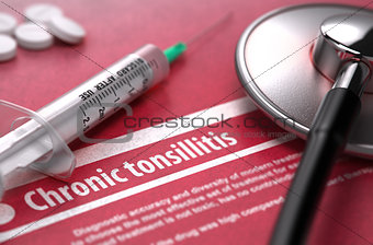 Chronic tonsillitis. Medical Concept on Red Background.
