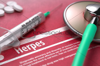 Herpes. Medical Concept on Red Background.