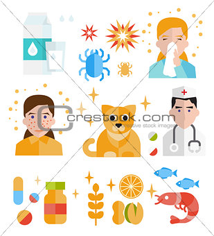 Allergy icon flat set isolated vector