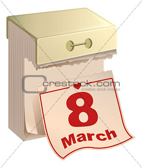 Tear-off calendar 8 of March. International Womens Day. English text