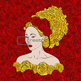 stylized vector illustration of a beautiful geisha girl with red roses and golden hair